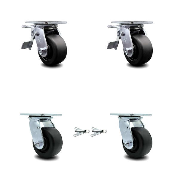 4 Inch Polyolefin Swivel Caster Set with Roller Bearing 2 Total Lock Brake SCC